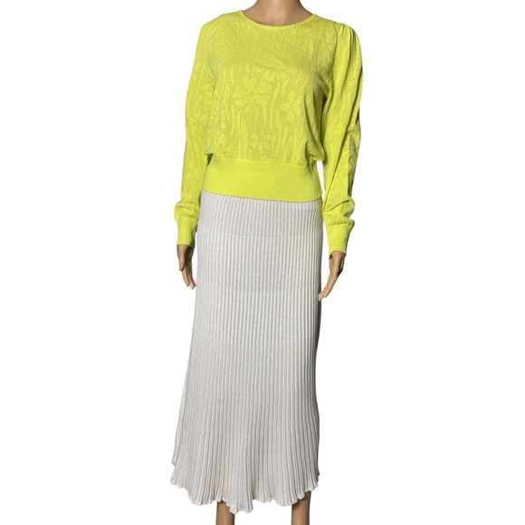 Banjanan Chartreuse Floral Jacquard Knit Sweater Cotton Blend Size M - Picture 10 of 11